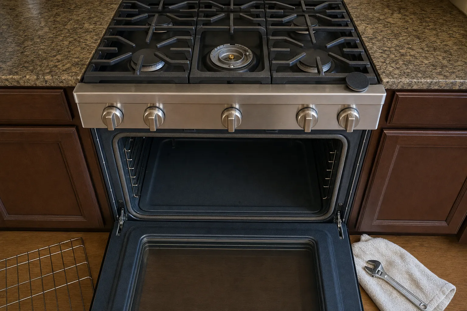 Stainless pro-style gas range with the oven door open and control knobs along the front rail