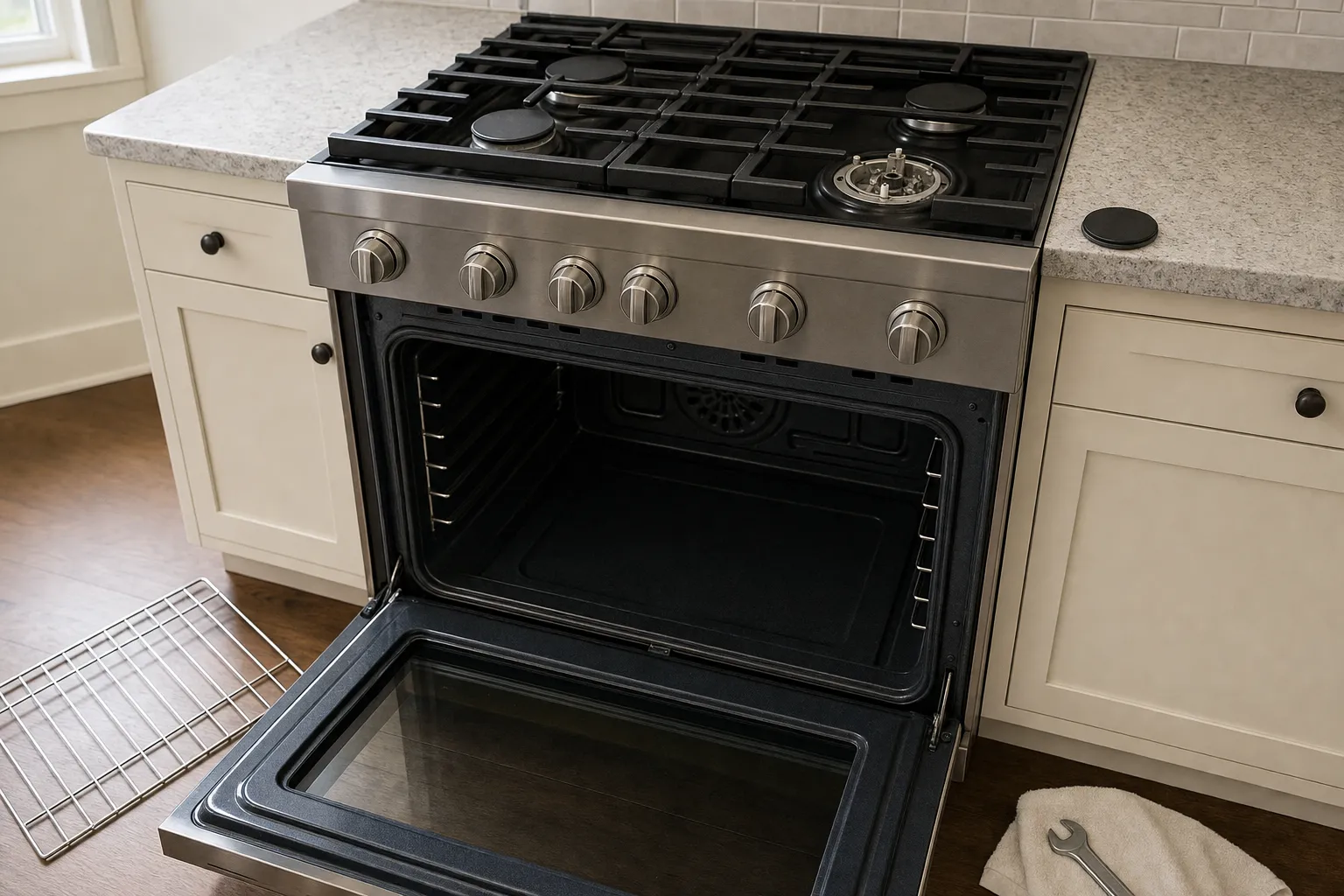 Stainless range beside a stone island in a bright kitchen with the oven door open