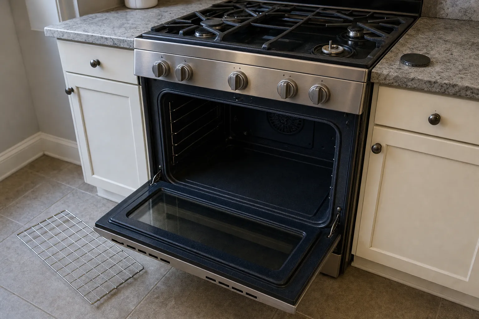 Gas range with the oven door fully down on an empty cavity, the convection fan cover at the back and a wire rack on the tile floor