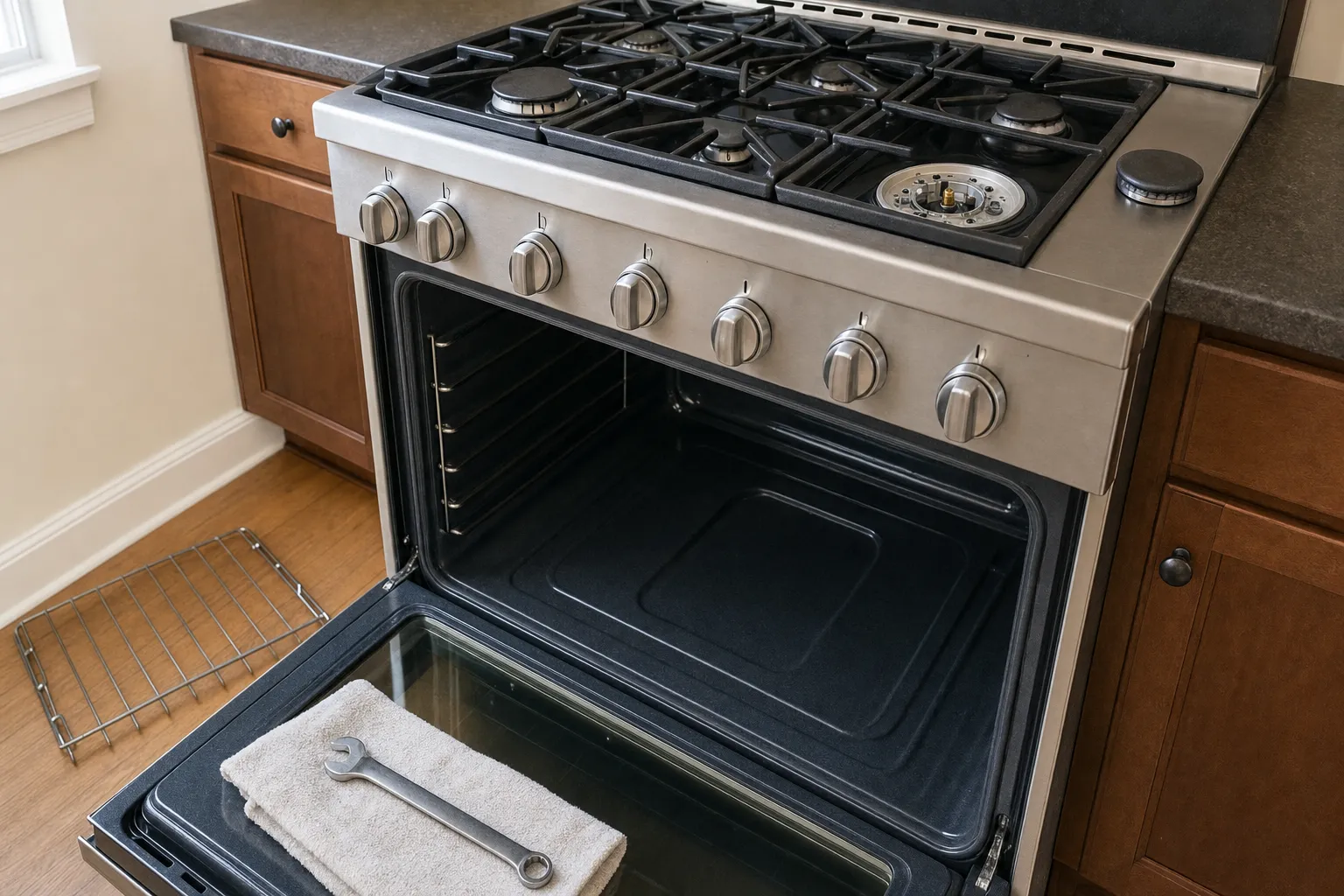 Seven-knob gas range between wood cabinets, one burner uncapped, the oven open with a wrench on a towel and a rack on the floor