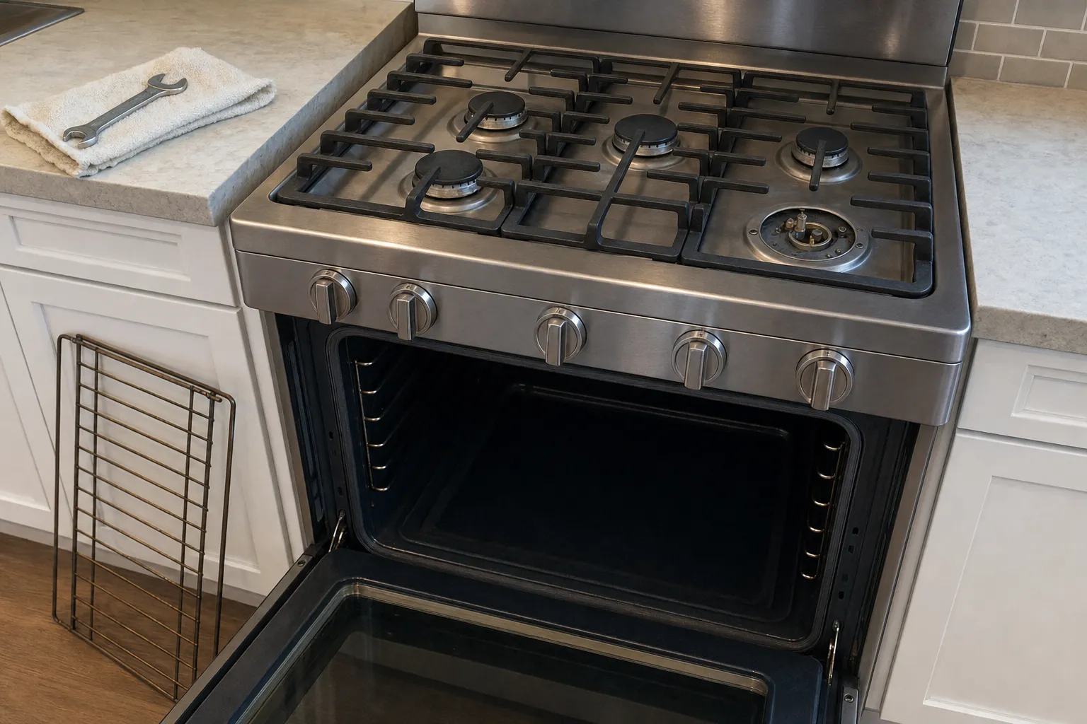Five-burner gas range between white shaker cabinets, one burner uncapped, the oven open and a rack leaning against a cabinet