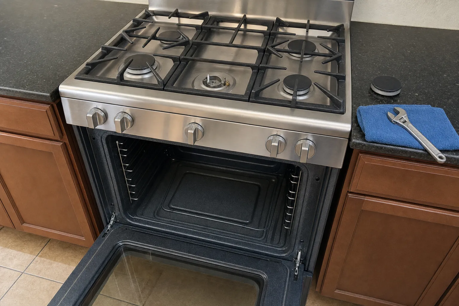 Gas range with the centre burner uncapped, the oven open, and an adjustable wrench on a blue towel on the dark counter