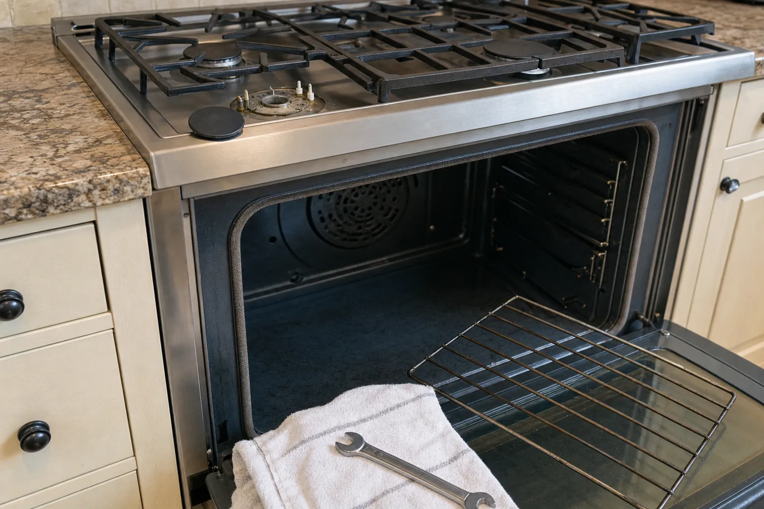 Close view into an open oven: the gasket around the cavity front, the convection fan cover, a rack pulled onto the door and a wrench on a towel, with one burner base uncapped above