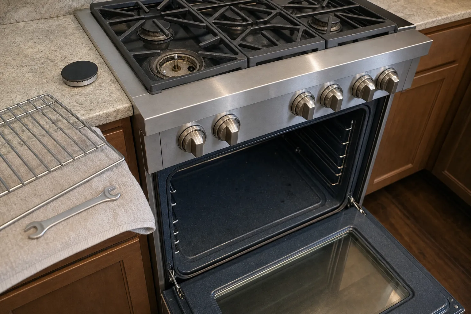 Pro-style gas range with one burner uncapped, the oven open, and a rack and wrench laid on a grey towel on the counter
